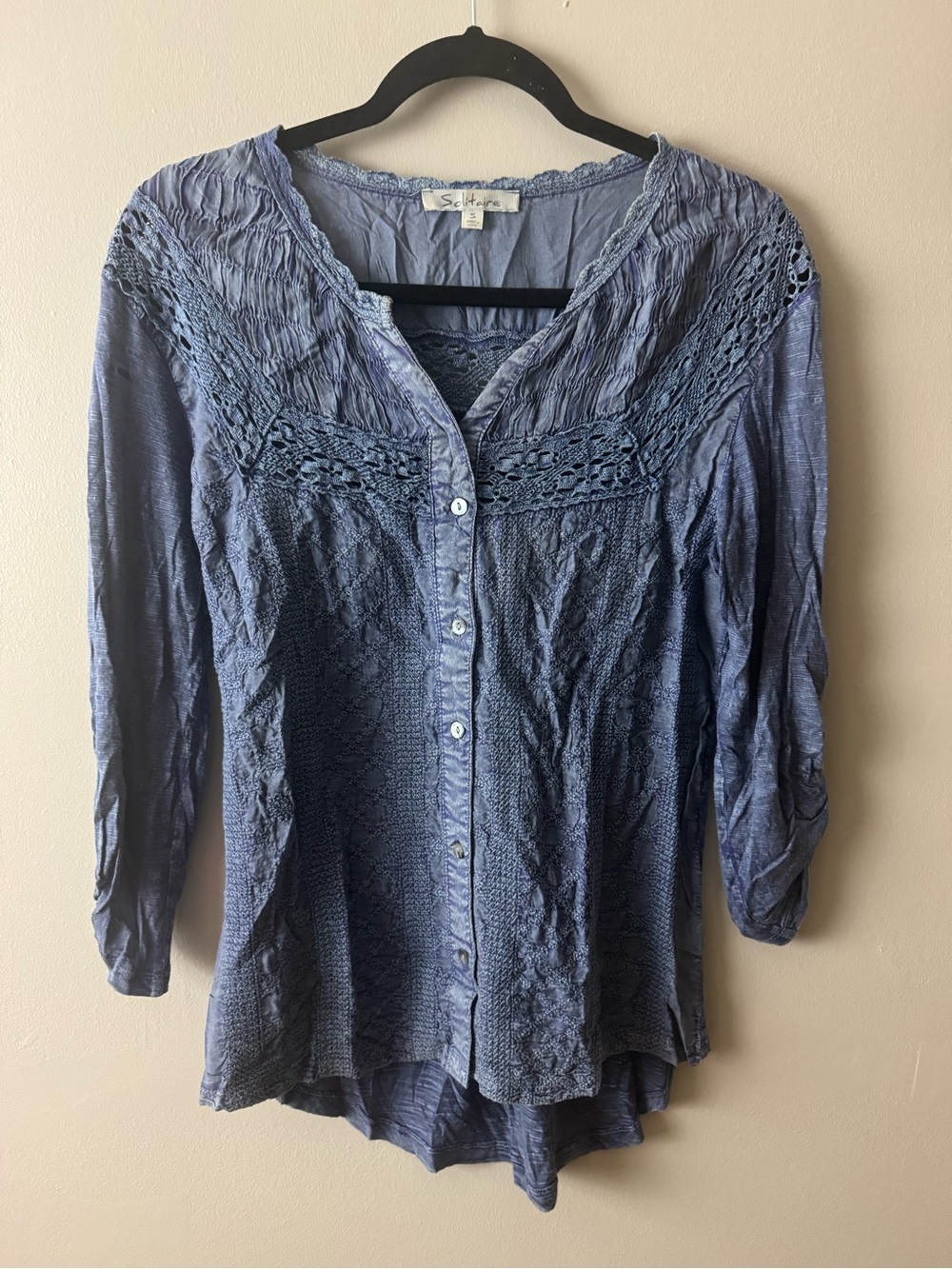 Solitaire Crochet-Trim Button Front Blouse Boho Small